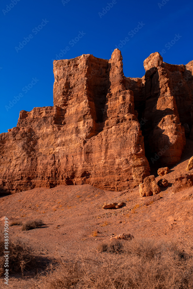 Fototapeta premium Charyn Canyon, Valley of Castles. The excellence of Kazakhstan. Panorama of natural unusual landscape. The red canyon of extraordinary beauty looks like a Martian landscape.