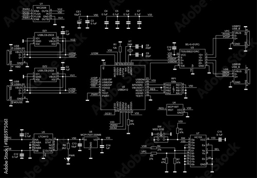 Schematic diagram of electronic device on sheet of paper. Vector drawing electrical circuit with
capacitor, resistor, cpu microcontroller, integrated 
circuit, usb, led diode other components.