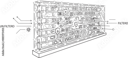 Abstract outline of a digital wall or filter, with incoming unfiltered data and outgoing filtered information, representing data processing and analysis.