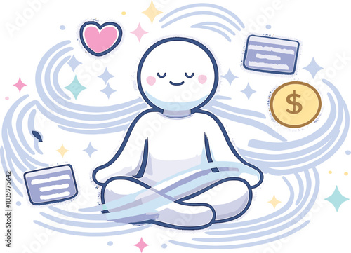 Digital Tranquility Aura. Doodle-style vector icon of online activity aura, calm figure wrapped in softly pulsing data currents,