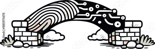 Flesh-to-Code Bridge. Doodle-style vector icon of complete flesh-to-code bridge, seamless transformation from human fingerprint to