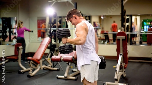 Young man is focused on lifting weights in a gym filled with people using workout equipment during daytime hours