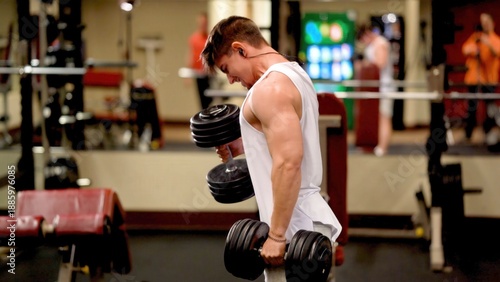 Fotografie Young man trains in gym with weights while using dumbbells to improve physical f
