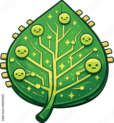 Leaf Circuit Chip. A playful doodle vector illustration of a green leaf functioning as a chip, vein network drawn like a circuit