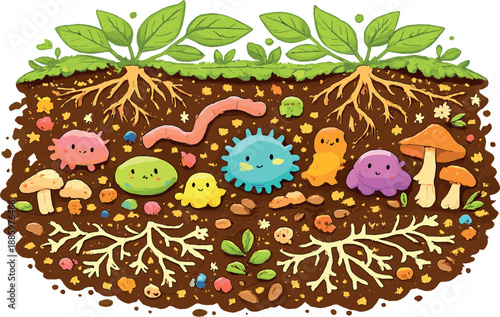 Thriving Soil Microbes. A charming doodle vector illustration of soil microbiota care, tiny happy microbes and fungal networks
