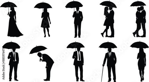 Umbrella People Silhouette Collection Showing Business Men Women Romantic Couples Walking Standing in Elegant Flat Black Vector Illustration Minimal Rainy Day Design