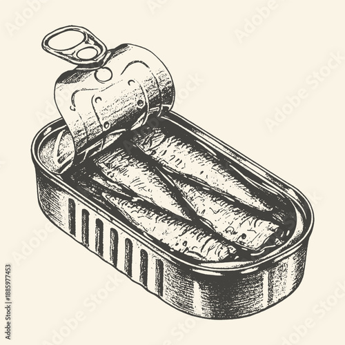 Vintage hand-drawn illustration of an opened tin can filled with sardines, presented in a classic sketch style.