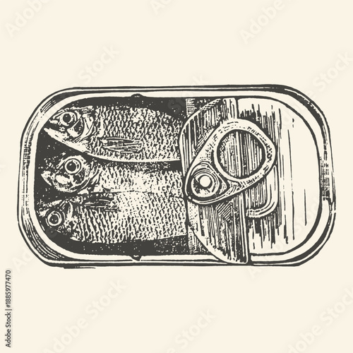 Vintage illustration of an open tin can filled with three sardines, hand-drawn sketch style on a cream background