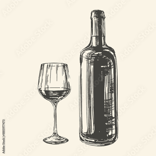 Hand-drawn sketch illustration of a wine bottle and glass filled with red wine, in a minimalist, vintage, black and white style on a cream background.