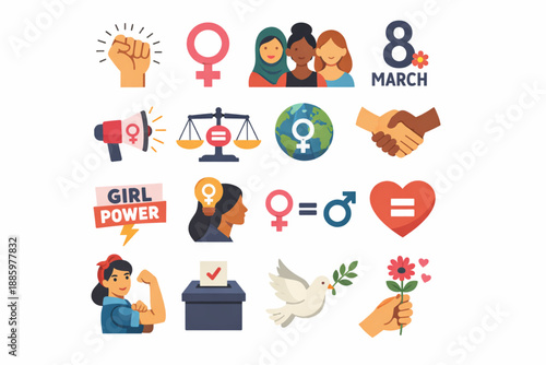 International Women’s Day women’s rights icon set
