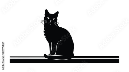 a black cat sitting on a ledge depicted in a striking silhouette