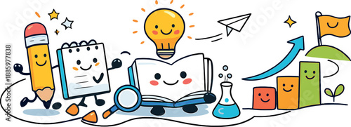 Smiling Skill Growth. Friendly doodle skill development scene where practice, learning and progress all have smiling faces,