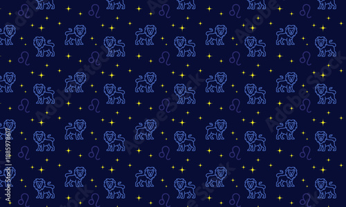Zodiac pattern Lion. Linear regular ornament with animal and stars for astrology, tarot cards, mysticism. Vector seamless ornament for textile, fabric, interior, ceramic, wallpaper, paper decoration, 