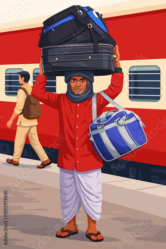 Indian Railway Porter Carrying Luggage at Platform