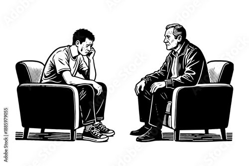 A sad man crying while seated across from a calm therapist, in black and white woodcut style on a white background, concept of mental health support