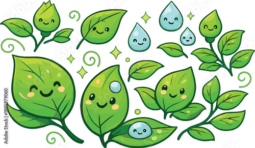 Cheerful Leaf Doodles. Friendly doodle green leaf scene where leaves, buds and droplets all have smiling faces, harmonious