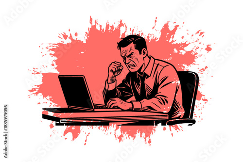 Angry businessman sitting at desk using laptop in comic art style on white background with red splash, concept of technology frustration