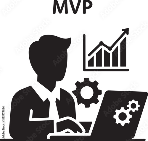 Illustration of a person at a laptop with gears and a rising graph, symbolizing MVP (Minimum Viable Product), project development, and business strategy.