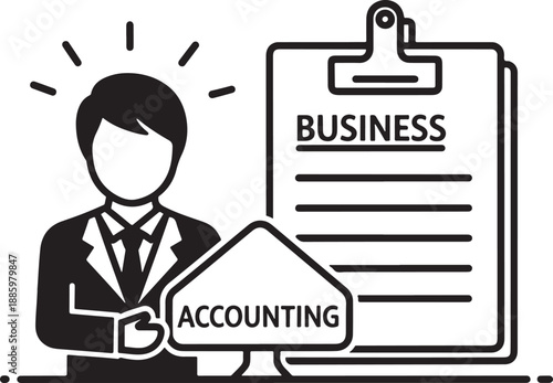 Illustration of a businessman with icons for business, accounting, and a shining light, representing financial management and entrepreneurship.