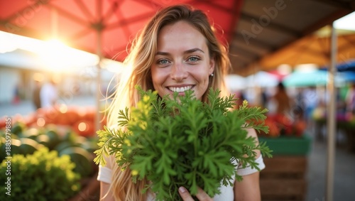 Wallpaper Mural A person smiling, face partially hidden, holding a vibrant bouquet of fresh herbs at a sunlit farmer's market. Backlight creates a glowing outline with a bokeh stall background. Torontodigital.ca