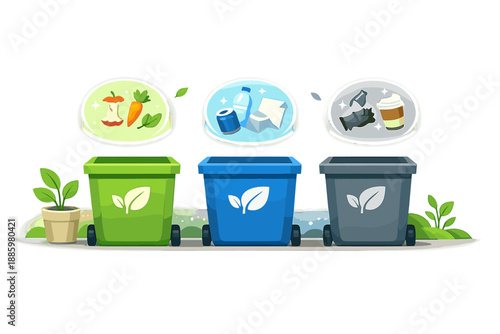 Eco-Friendly Sorting Station. Recycling and compost station vignette with simple bins, leaf icons, and subtle glow rings showing