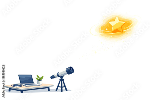 Visionary Success Icon. Telescope icon aimed at a star-shaped goal above a minimalist desk, subtle glow rings and sparkle dust