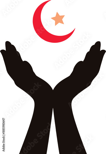 lslamic prayer hands with crescent and star silhouette.