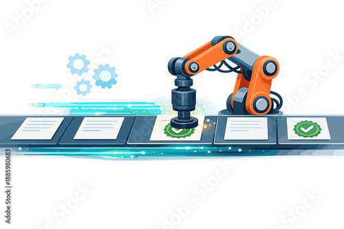 Efficient Automation Process. Automation robot arm stamping approval badges onto documents moving along a conveyor of tiles, glow