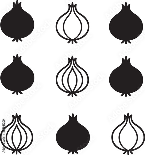 Onion collection icon, onion vegetable set vector, multiple onion silhouette illustration, vegetable ingredient collection design, cooking food vector, isolated minimal vector