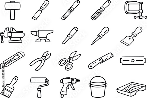 Image Generation. Line style vector icons of Construction Hand Tools: mallet, chisel, file, rasp, clamp; vise, anvil, punch, awl,