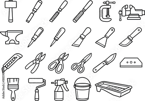 Image Generation. Line style vector icons of Construction Hand Tools: mallet, chisel, file, rasp, clamp; vise, anvil, punch, awl,