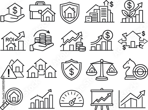 Property Investment Icons. Line style vector icons of Property Investment Tools: investment, portfolio, asset, equity, yield; roi,