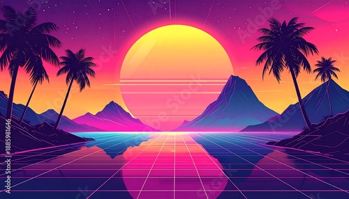 Retrowave landscape of sun, mountains, palms, and grid reflecting ocean water under a gradient sky