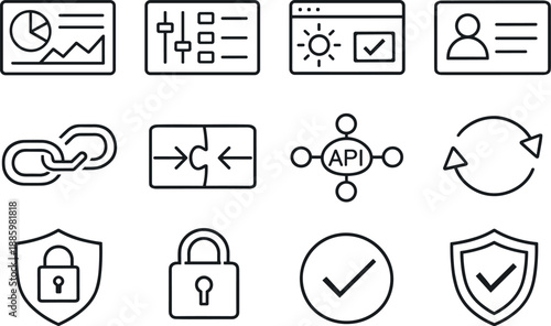 Image Generation. Line style icons of digital assistant system: dashboard, panel, widget, card; connect, integrate, api, sync;