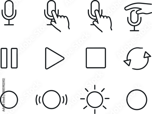 Image Generation. Line style icons of voice control UI: micbutton, press, hold, release; pause, resume, stop, repeat; indicator,