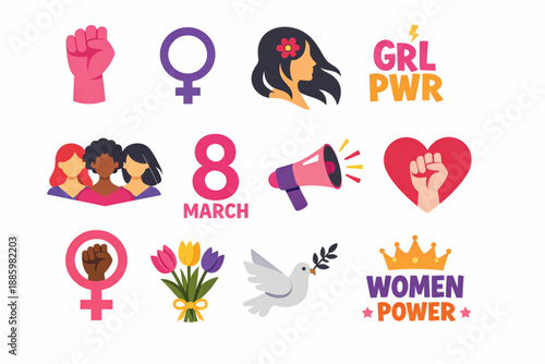 International Women’s Day abstract feminine empowerment icon set