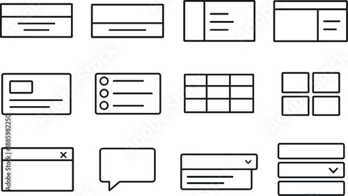 Image Generation. Line style of interface components vector icons: header, footer, sidebar, panel; card, list, table, grid; modal,
