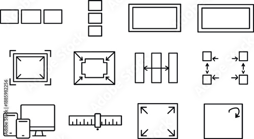 Image Generation. Line style vector icons of layout structure: row, column, container, wrapper; margin, padding, gutter, spacing;
