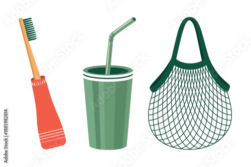 Eco-friendly toothbrush, reusable cup, mesh bag