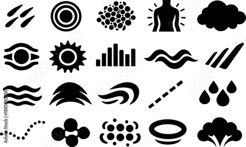 Image Generation. Solid style vector icons of fear scent signals: micro-sweat stripe, instinct cue ring, emotional vapor mesh,