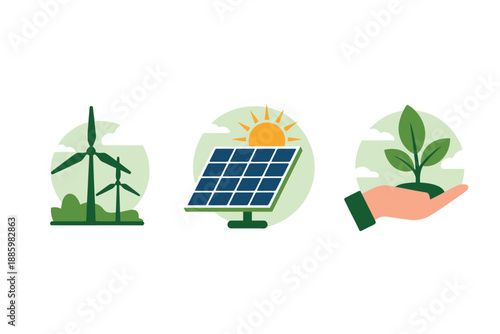 Renewable Energy Icons, Solar Panel, Wind Turbines, and Green Plant Symbolizing Sustainability and Ecology