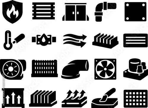 Server Cooling Icons. Solid style vector icons of server cooling core: thermal shield, intake grille, cold aisle panel, coolant