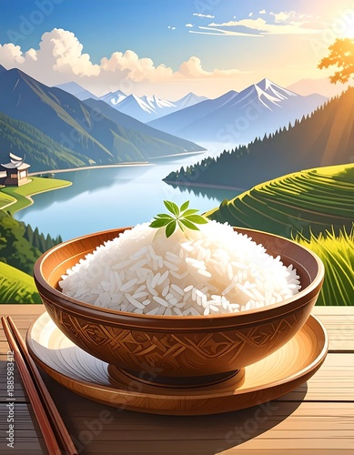 Rice bowl on a wooden table against a scenic mountain and lake landscape under a sunny blue sky