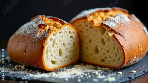 Wallpaper Mural An extreme close-up of a freshly torn rustic sourdough loaf, highlighting the glossy crumb and crackling crust on flour-dusted slate with warm side lighting. Torontodigital.ca