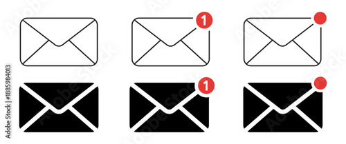 Email notification icons. Unread mail alert symbol. Envelope icon set with normal, unread, and alert do in line and solid styles. Communication icons for UI, app, web, and communication interfaces