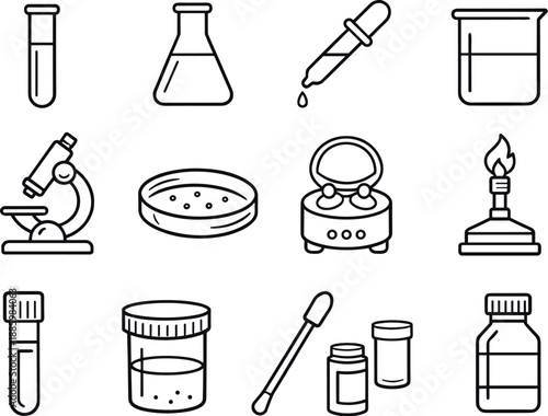 Image Generation. Line style icons of Clinical lab: test tube, flask, pipette, beaker; microscope, petri dish, centrifuge, Bunsen
