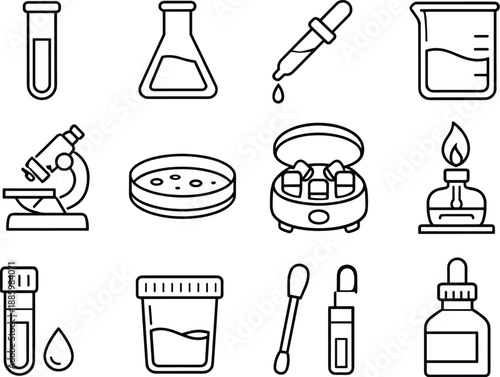 Image Generation. Line style icons of Clinical lab: test tube, flask, pipette, beaker; microscope, petri dish, centrifuge, Bunsen