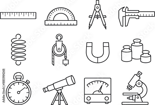 Image Generation. Line style icons of Scientific tools: ruler, protractor, compass, caliper; spring, pulley, magnet, weights;