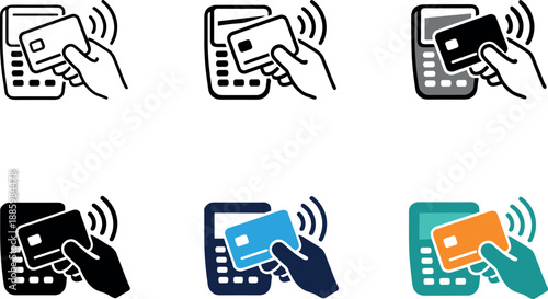 Seamless payment symbol showing a credit card held near a payment terminal with curved signal waves indicating