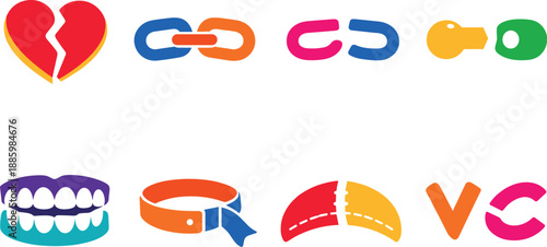 Two-Color vector icons of unfastened romance: unclasped heart curve, open clasp link, parted attachment line,